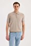 Beige Slim Fit Striped Rayon Polo Collar T-Shirt