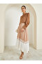 Beige Pleated Midi Skirt with Lace Trim