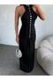 Button Detailed Gathered Halter Neck Black Maxi Dress - 2