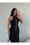 Button Detailed Gathered Halter Neck Black Maxi Dress - 4