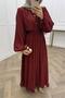 Women's Burgundy Skirt with Ruffles and Button Details Cotton Loose-Fitting Hijab Dress Nms086 - 4