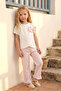 Girl's Top and Bottom Set with Striped Pants and Bow Detail, Salmon Color - 2