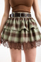 Belted Plaid Layered Mini Skirt with Lace Detail |   Plaid Layered Lace Mini Skirt