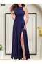 Women's Full Length Janjan Crepe Evening Dress Halter Neckline with Deep Slit Detail - 3