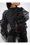 Black Mesh Double Sleeves Jacket with Zipper and Tulle Hem - 4