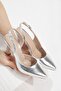 Silver Lame Color Asymmetrical Open Back Stiletto High Goblet Heeled Evening Dress Shoes Konny - 2