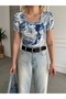Women's Blue Cream Patterned Square Collar Lined Short Sleeve Viscose Elastane Blouse - 4