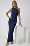 Navy Blue Backless Draped Sandy Dress with Accessory Detail Alc-X15457 - 3
