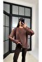 Women's Coffee Lace Sleeve Detailed Oversize T-Shirt Long Sleeve Stylish Blouse - 2