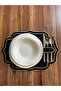 6 Pieces Double Row Gold Embroidered Black Linen Fabric American Service Plate with Spoon Holder - 4