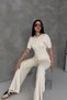 Women's Cream Knitwear Set Zippered Top High Waist Wide Leg Pants Bottom Top Set - 4