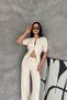 Women's Cream Knitwear Set Zippered Top High Waist Wide Leg Pants Bottom Top Set - 3