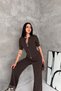 Women's Brown Knitwear Set Zippered Top High Waist Wide Leg Pants Bottom Top Set - 4