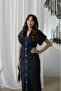 Navy Blue Drawstring Waist Denim Dress with Snap Fasteners - 5