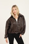 Women's Brown Oversize Faux Leather Bomber Jacket with Belt Buckle Pilot Jacket - 5