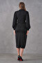 Shoulder Padded Wrap Cut Design Gold Accessoryed Midi Length Balloon Sleeve Black Evening Dress 77153 - 3