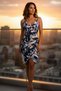 V-Neck Ring Strap Draped Patterned Mini Single Jersey Dress - Blue