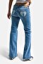 Women's Blue T-4S6-4 Flare Fit Low Waist Stone Detailed Special Design Denim Jeans - 4