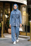 Women's Belted Stone Embellished Denim Blue Tunic Trousers Double Set