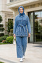 Women's Belted Stone Embellished Denim Blue Tunic Trousers Double Set - 3