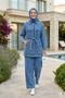 Women's Belted Stone Embellished Denim Blue Tunic Trousers Double Set - 4