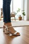 Women's Stoned Cross-Strapped Thick Heeled Ankle Strap Sandals