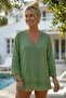 Green V-Neck 3/4 Sleeve Hole Embroidery Casual Cotton Woven Blouse 65 60 - 3