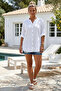 White Stand Collar Buttoned 3/4 Sleeve Embroidered Slit Casual Cotton Oversize Woven Shirt 73 60 - 5