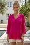 Fuchsia V-Neck 3/4 Sleeve Embroidered Casual Cotton Woven Blouse 65 60 - 4