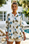 Cream Hakim Collar Buttoned 3/4 Sleeve Floral Slit Casual Cotton Oversize Woven Shirt 73 60