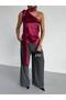 Women's Burgundy Belted One-Shoulder Satin Blouse - 2