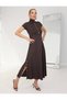 Buketli̇ Women's High Collar and Two-Side Snap Detail Tok Combed Cotton Short Sleeve Long Dress - 4