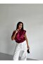 Women's Burgundy Off-Shoulder Short Sleeve Satin Blouse - 5