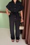 Women's Top and Bottom Set Belted Waist Shirt Collar Linen Look Shirt Wide Leg Pants Two-Piece Set - 3
