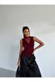 Women's Burgundy Tulle Draped Front Zero Sleeve High Neck Sandy Fabric Blouse - 5