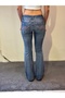 Flare Cut Low Waist Dark Blue Pocket Patterned Jean Denim Trousers - 2