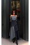 Women's Anthracite Plaid Decorated Asymmetrical Cut Boat Neck Long Sleeve Denim Detailed Midi Dress
