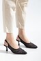 Women's Short Heeled Shoes with Black Mesh and Straw Detail - 4