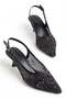 Women's Short Heeled Shoes with Black Mesh and Straw Detail