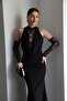 Sheer Lace Detailed Maxi Long Length Premium Black Dress