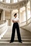 Women's Double Palazzo Pants, Wrinkle-Resistant Fabric, Half Belt Detail