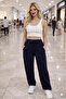 Women's Premium Navy Blue Stoned Palazzo Relaxed Fit Lycra Pocketed Trousers - 8