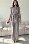 Gray Women's Belted Waist Shoulder Detail Vest Palazzo Trousers Woven Fabric Two-Piece Set
