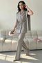 Gray Women's Belted Waist Shoulder Detail Vest Palazzo Trousers Woven Fabric Two-Piece Set - 3