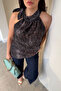 Premium Patterned Halter Neck Blouse - Anthracite - 2