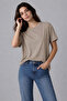 Bauta Regular Molded Crew Neck Low Sleeve Oval Hem and Sleeve Laser Cut Women's Blouse Top - Beige