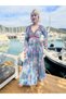 Turquoise Color Madonna Collar Gold Detailed Long Sleeve Silk Dress