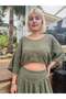 Khaki Color Batwing Blouse and Corsage Skirt Muslin Set - 6