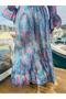 Turquoise Color Madonna Collar Gold Detailed Long Sleeve Silk Dress - 6