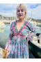 Turquoise Color Madonna Collar Gold Detailed Long Sleeve Silk Dress - 2